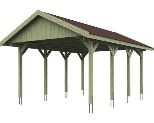 Enkele carport SKAN HOLZ Wallgau incl. rode shingles en H-paalankers 430 x 600 cm geïmpregneerd