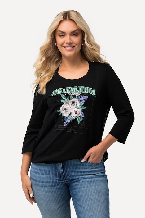 Shirt, Blumenmotiv, Gummisaum, Rundhals, 3/4-Arm