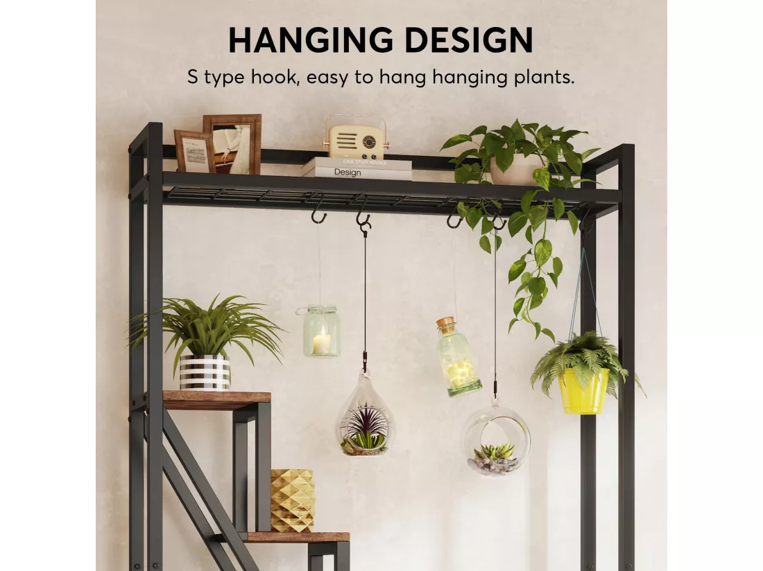 Support pour plantes d'intérieur à 7 niveaux,Grande étagère en métal de 180 cm avec 10 crochets de suspension en S, Marron