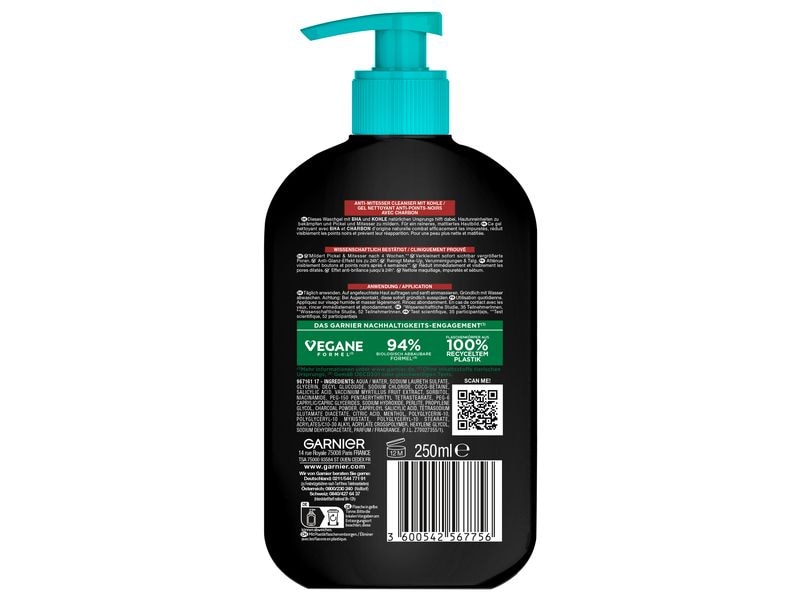 Garnier Waschgel BHA Carbon Cleanser Anti-Mitesser 250 ml1 Waschgel reinigt die Haut von Talg, Verschmutzungen und Make-up