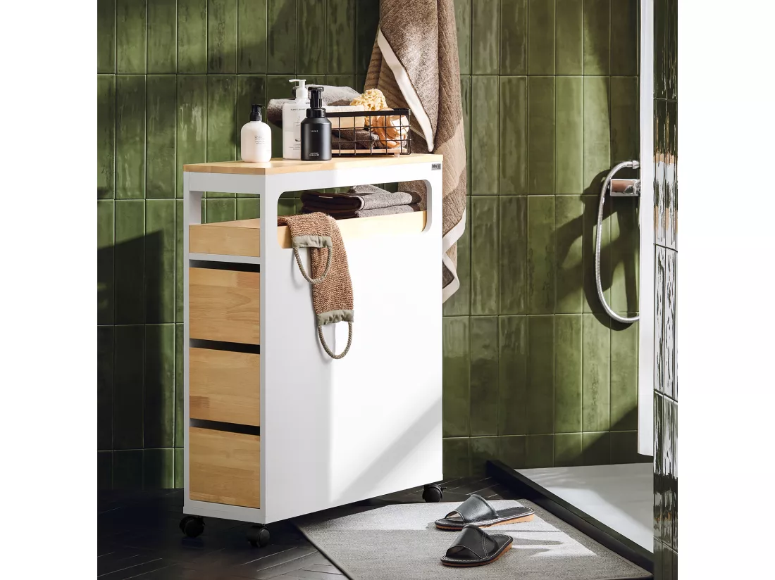 SoBuy Meuble de Rangement Salle de Bain Étroit sur roulettes, Support Papier Toilette, Armoire Toilettes WC Compact, Rangement Polyvalente avec 1 Plateau Amovible et 3 tiroirs, 65x23x82cm, BZR54-WN