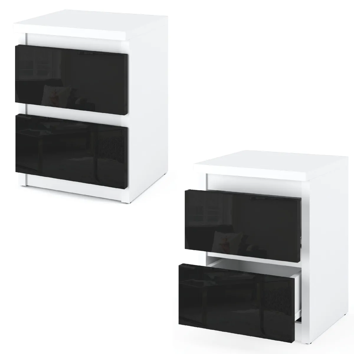 Table de chevet - Blanc/Noir Brillant - 2 tiroirs