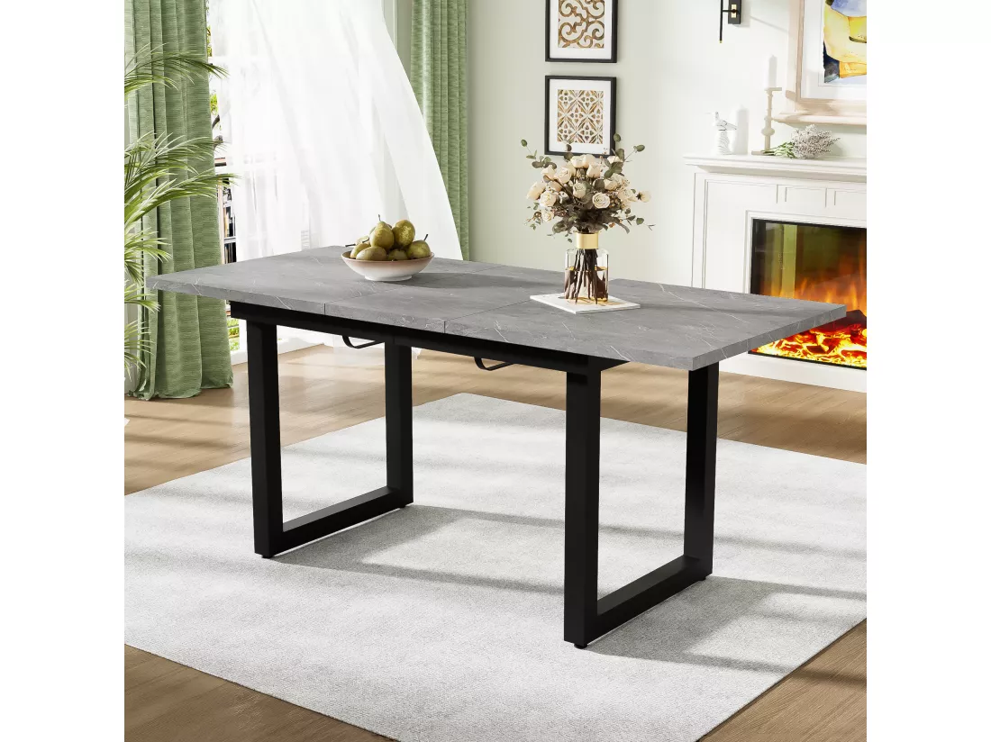 Table à manger extensible 4 à 6 couverts - 140/180 x 80 x 75 cm - MDF et pièds en fer - Effet marbre - Gris