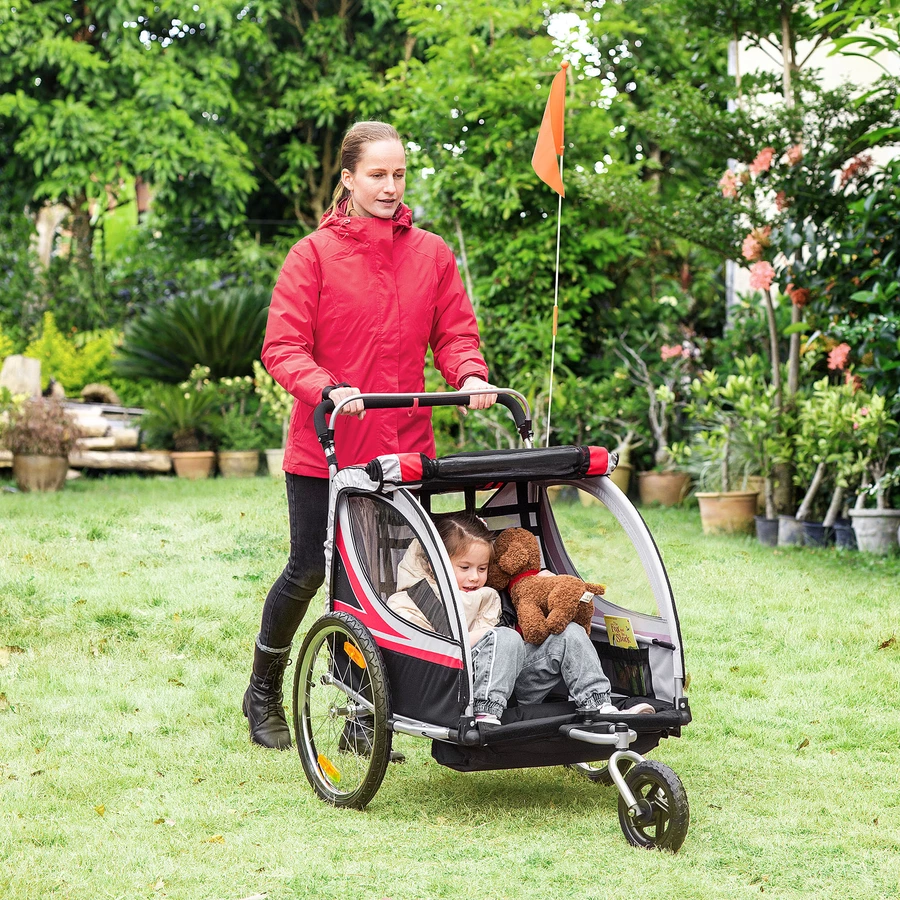 HOMCOM Kinderfahrradanhänger mit Aufbewahrungstasche rot, schwarz