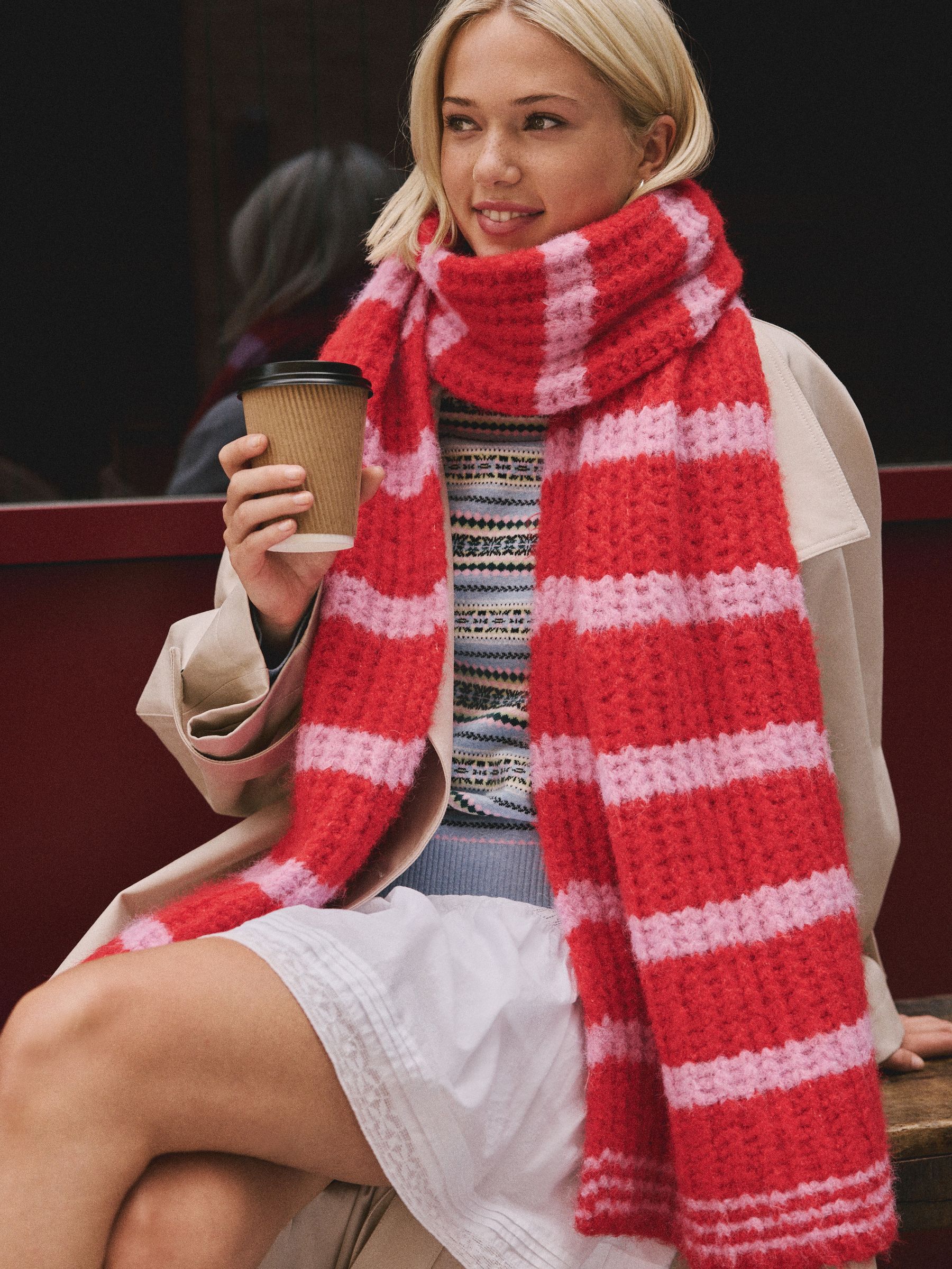 Roze - Knitted Wool Blend Striped Scarf
