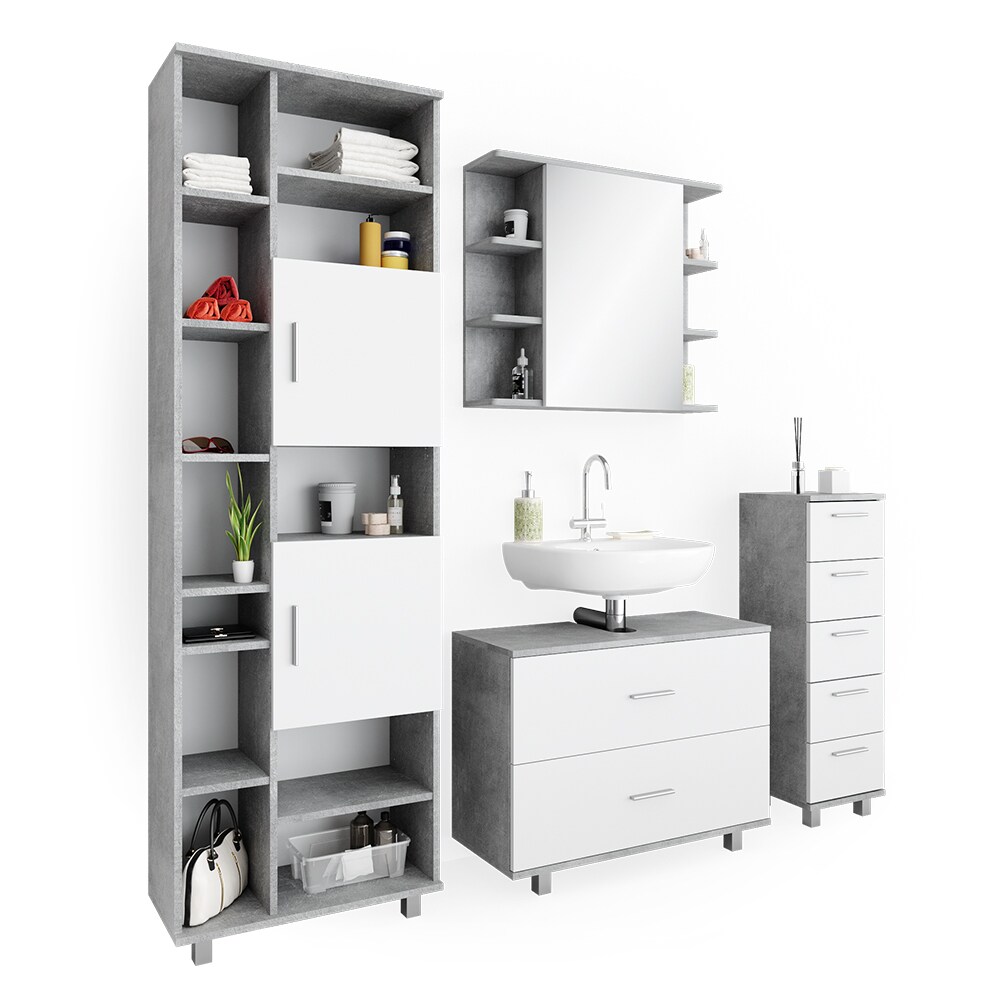 VICCO Badmöbel Set ILIAS Weiß Beton Spiegel Kommode Unterschrank Badschrank