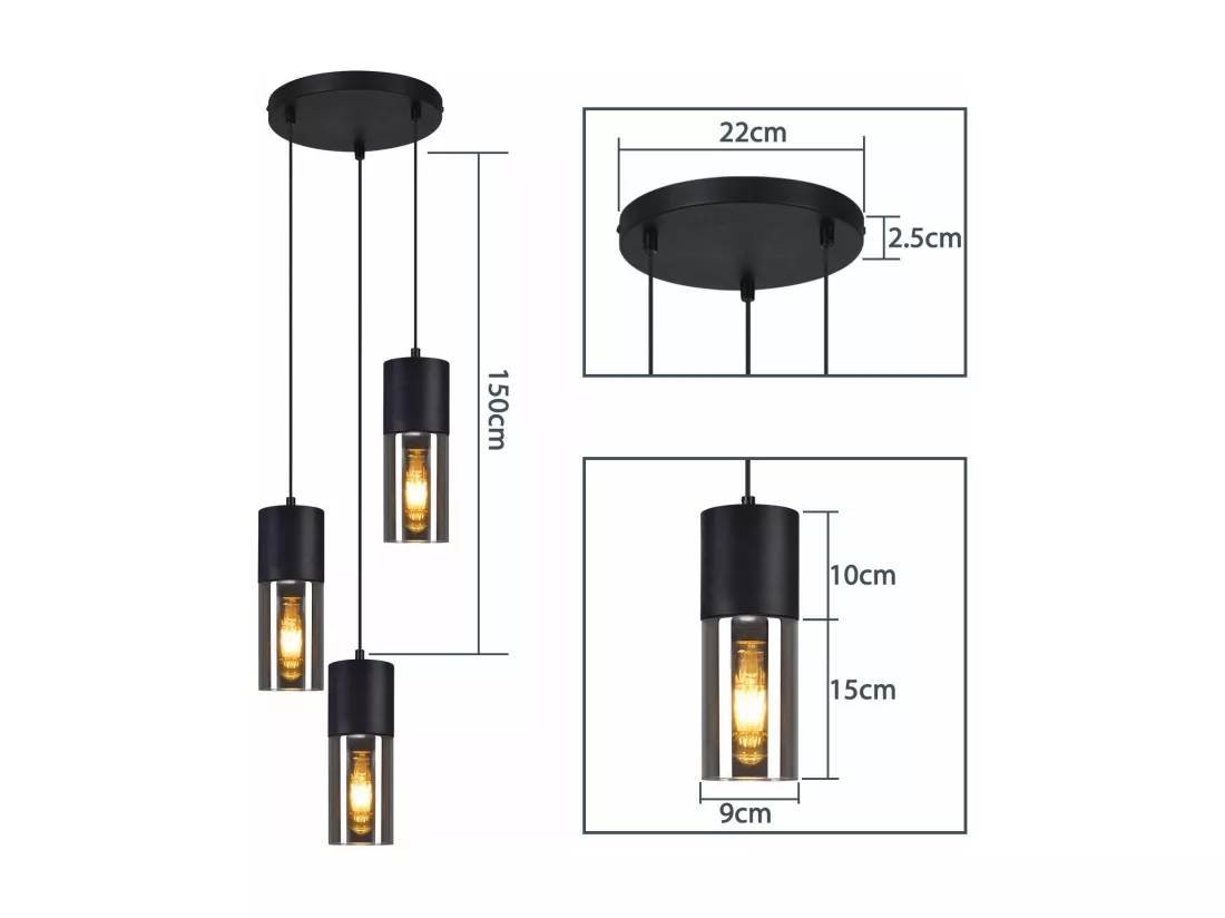 NETTLIFE Suspension 3 ampoules suspension verre E27 LED suspension ronde noire