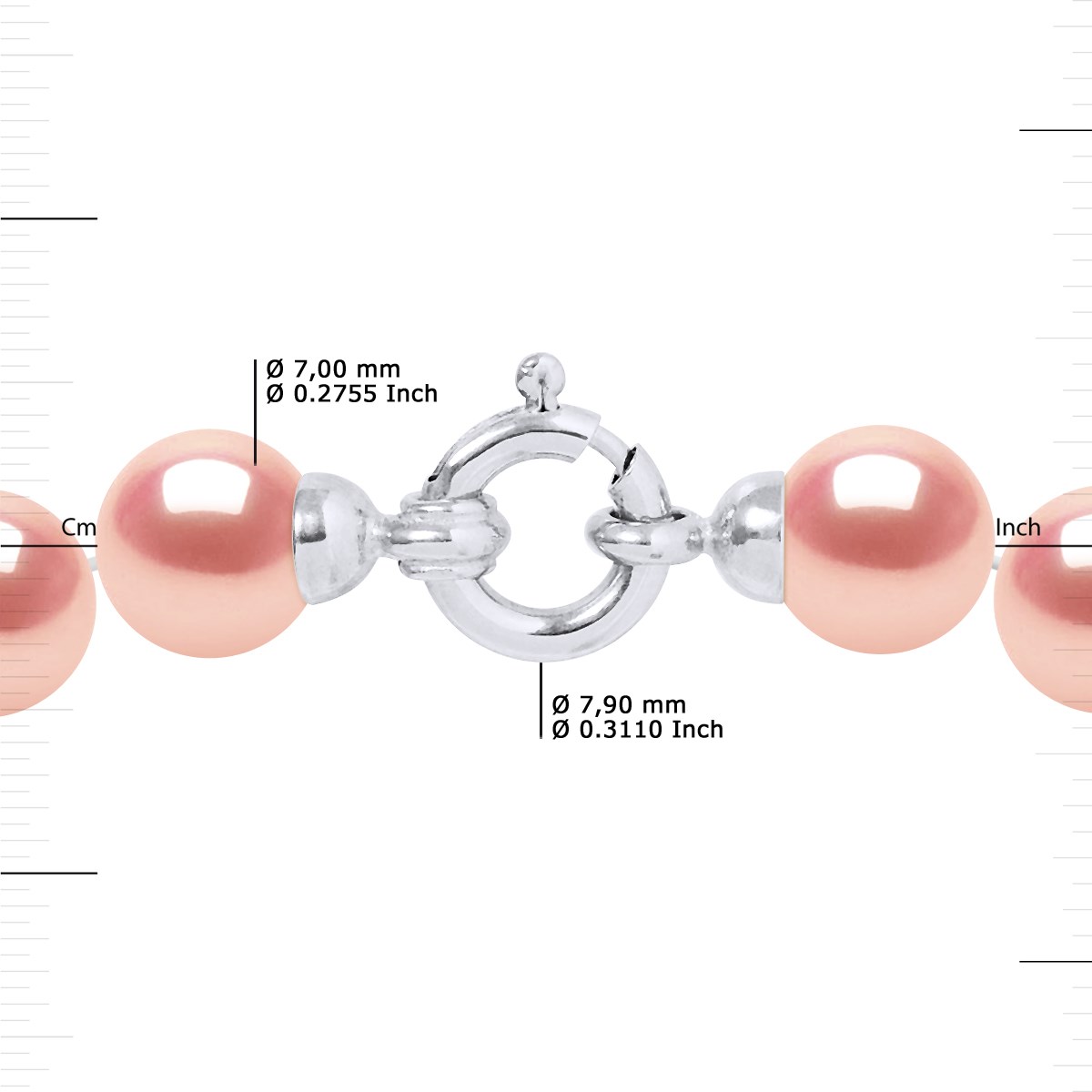 Collier Rang PRINCESSE Perles d'Eau Douce Rondes 7-8 mm Rose Naturel Fermoir Prestige Or Blanc 18 Carats