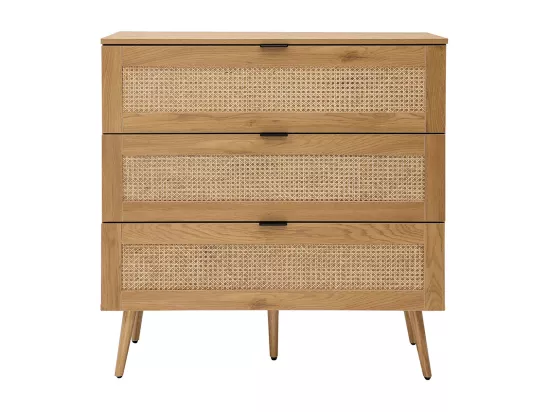 Commode finition bois clair, cannage en rotin et métal noir 3 tiroirs L100 cm MANILLE