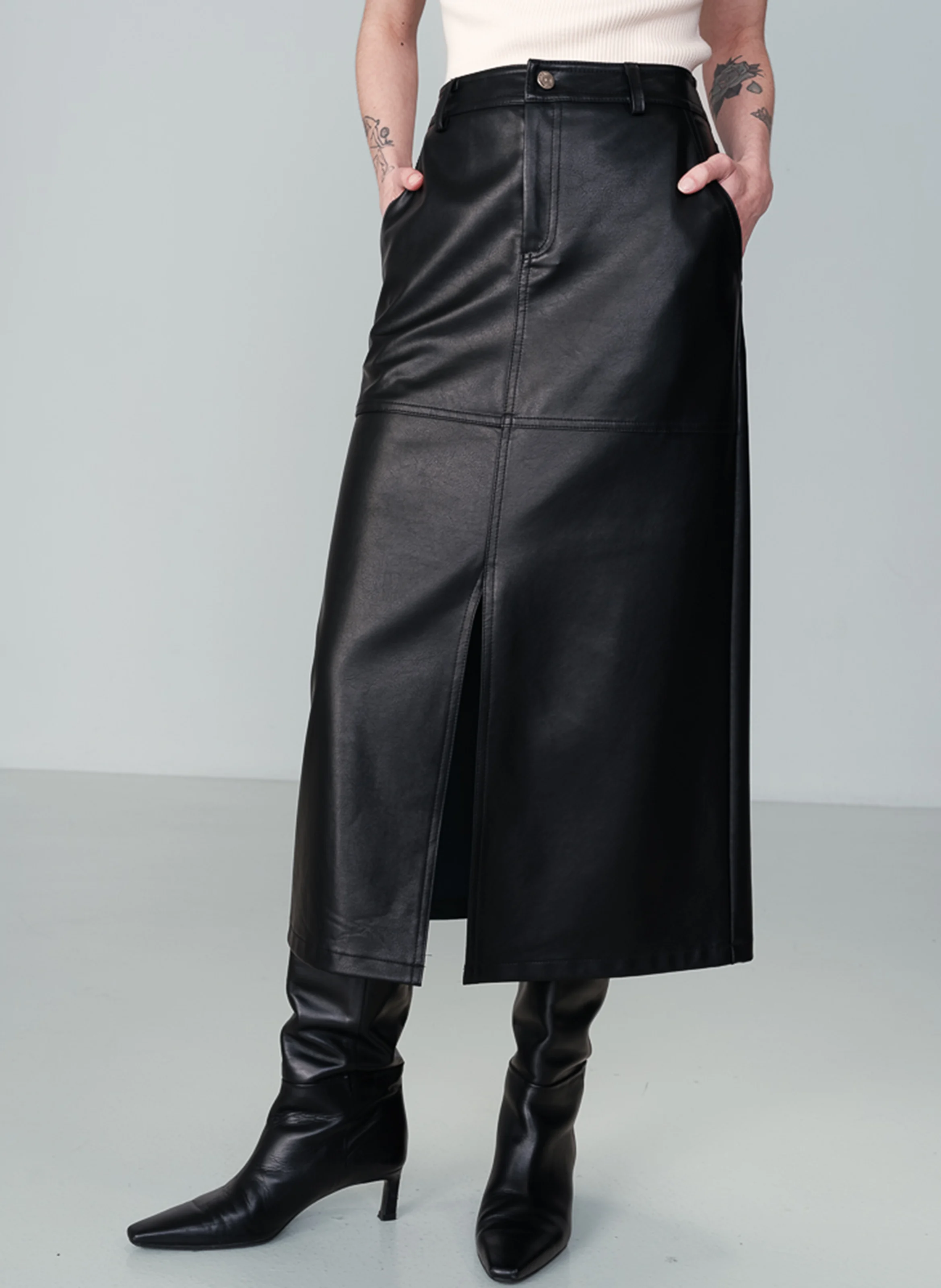 NORY - Jupe midi droite effet cuir | Noir