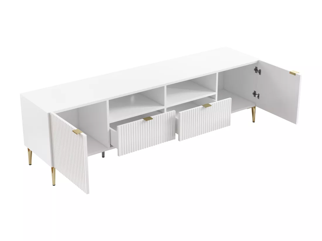 Meuble TV avec 2 portes, 2 tiroirs et 2 niches en MDF et acier - Blanc et doré - YESINIA