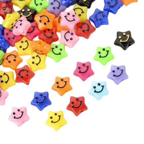 (50er Set) 10mm Acryl Stern Perlen DIY Bastel Schmuck Smiley Zwischenperle für Armband / Kette - Bunt