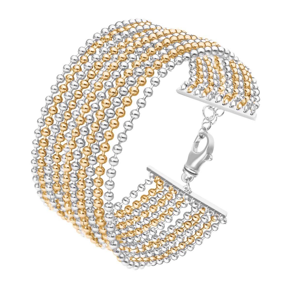 Bracelet Deux Couleurs Argent Doré Manchette Large Chaines Petites Boules
