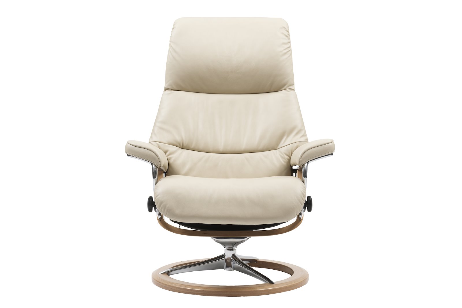View lenestol med krakk I hud Paloma Fog med Signature understell i eik/krom. Med krakk.