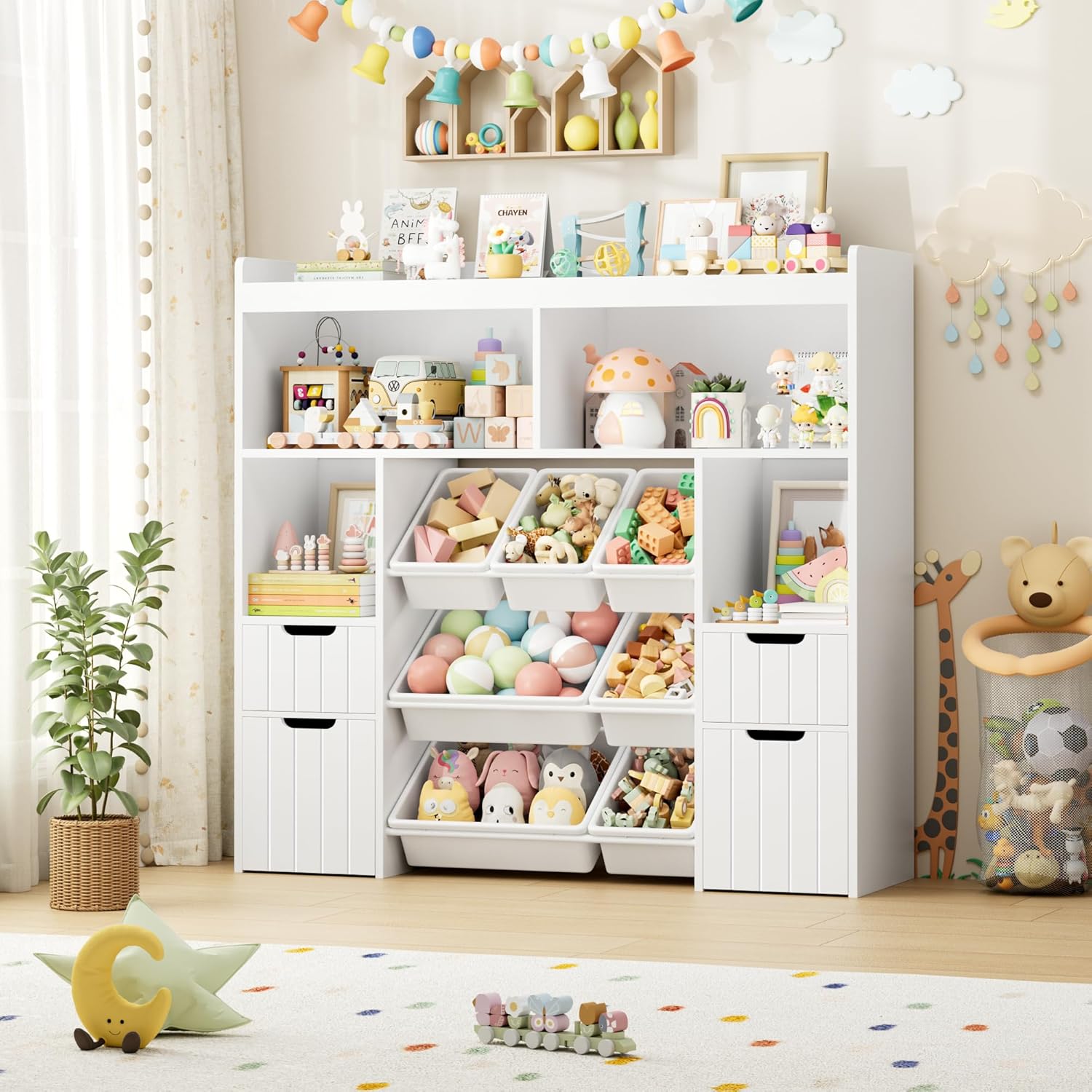 HOCSOK Kinderregal mit Boxen auf Rollen, Kinderbücherregal mit 4 Ablagefächern, Spielzeugregal Kinderzimmer für Schlafzimmer Kindergarten, Weiß, 122x118x30cm