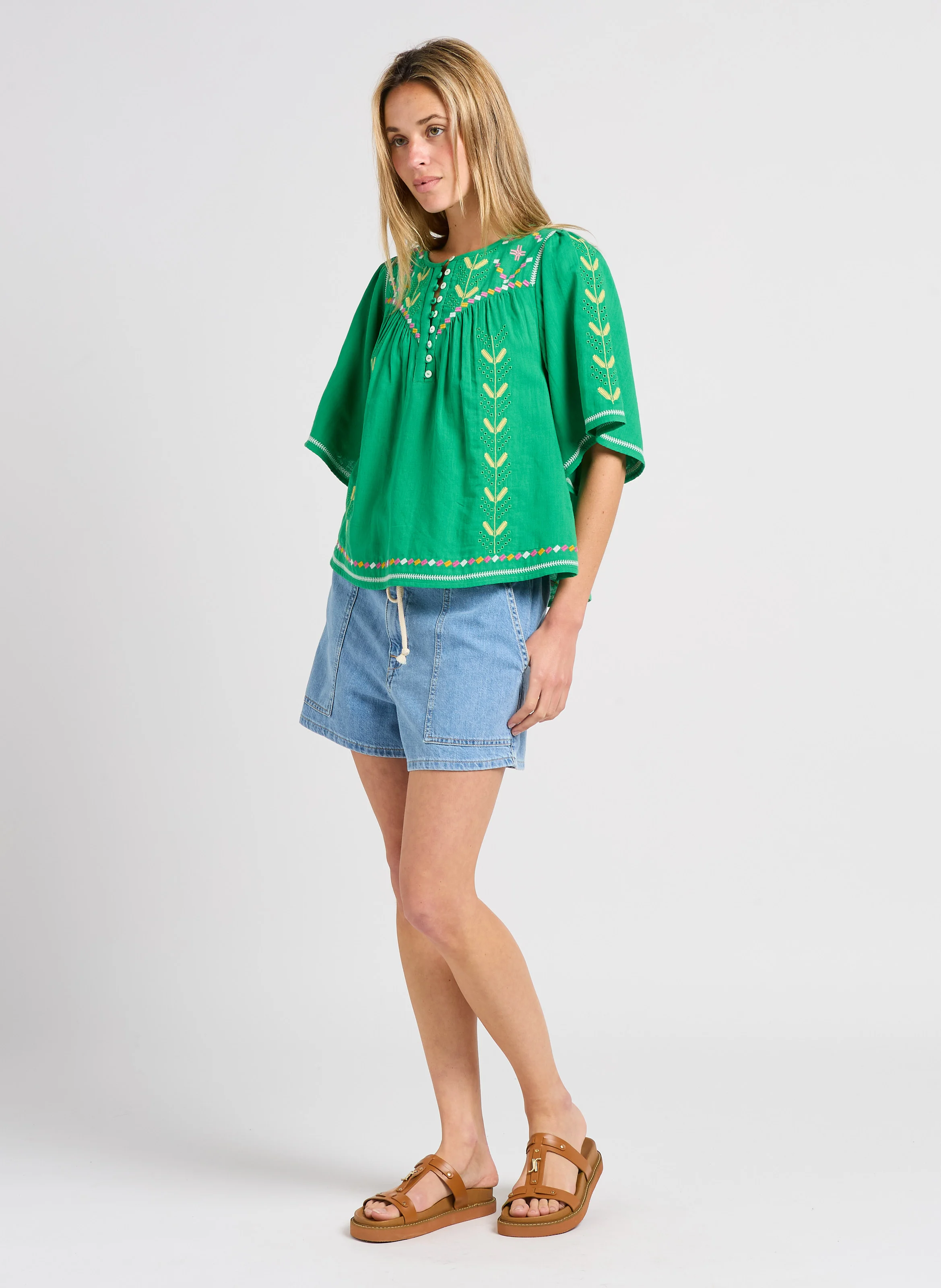 MABO - Short large taille haute en coton | Bleu