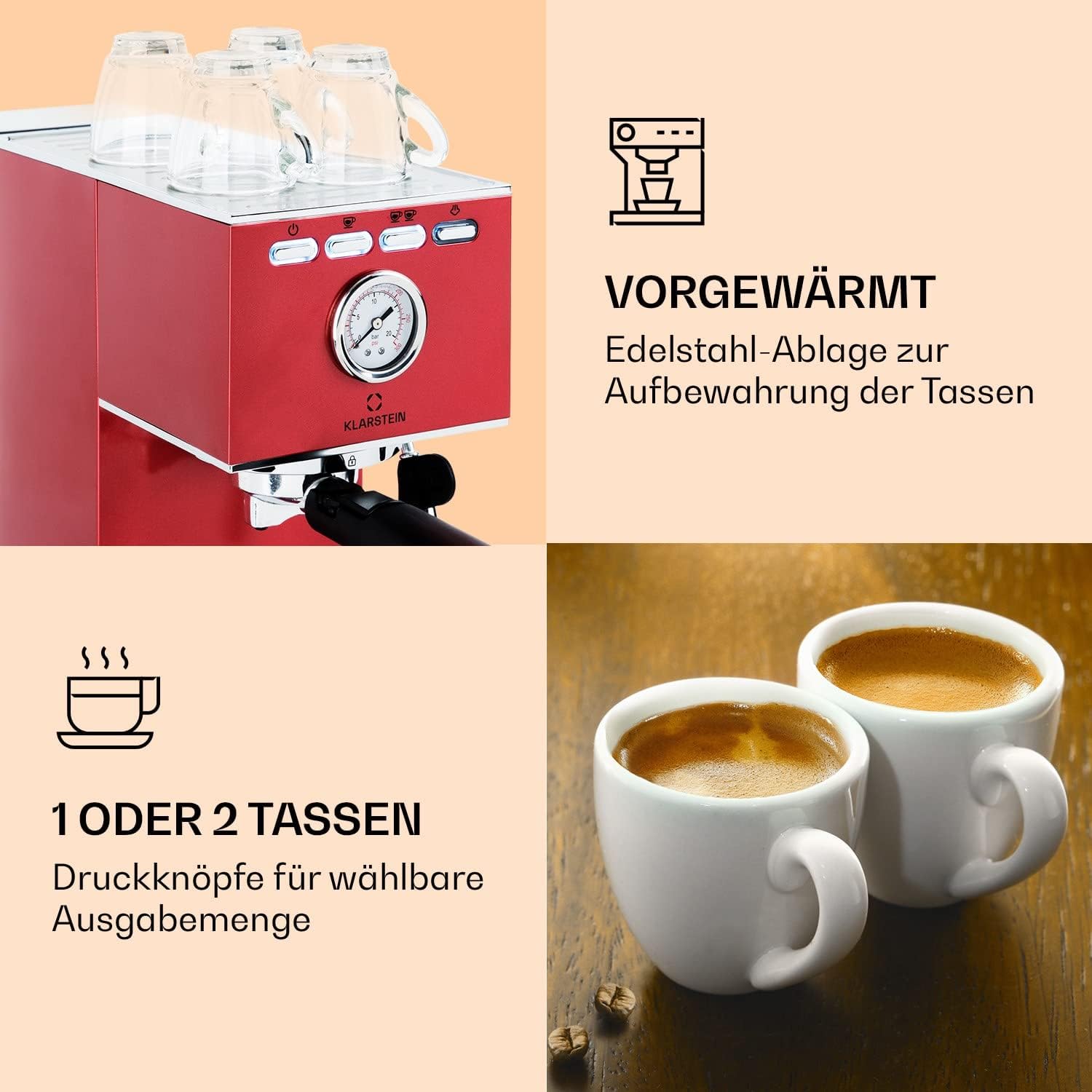 Klarstein Pausa Espressomaker, Siebträger mit 1350 Watt, Espressomaschine 20 Bar Druck, Espresso Siebträger mit Wassertank: 1,4 Liter Edelstahl,rot