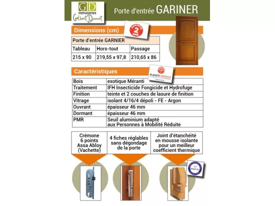 Porte D'Entrée Bois Pleine, Garnier, H,215Xl,90 P, Droit Cote Tableau