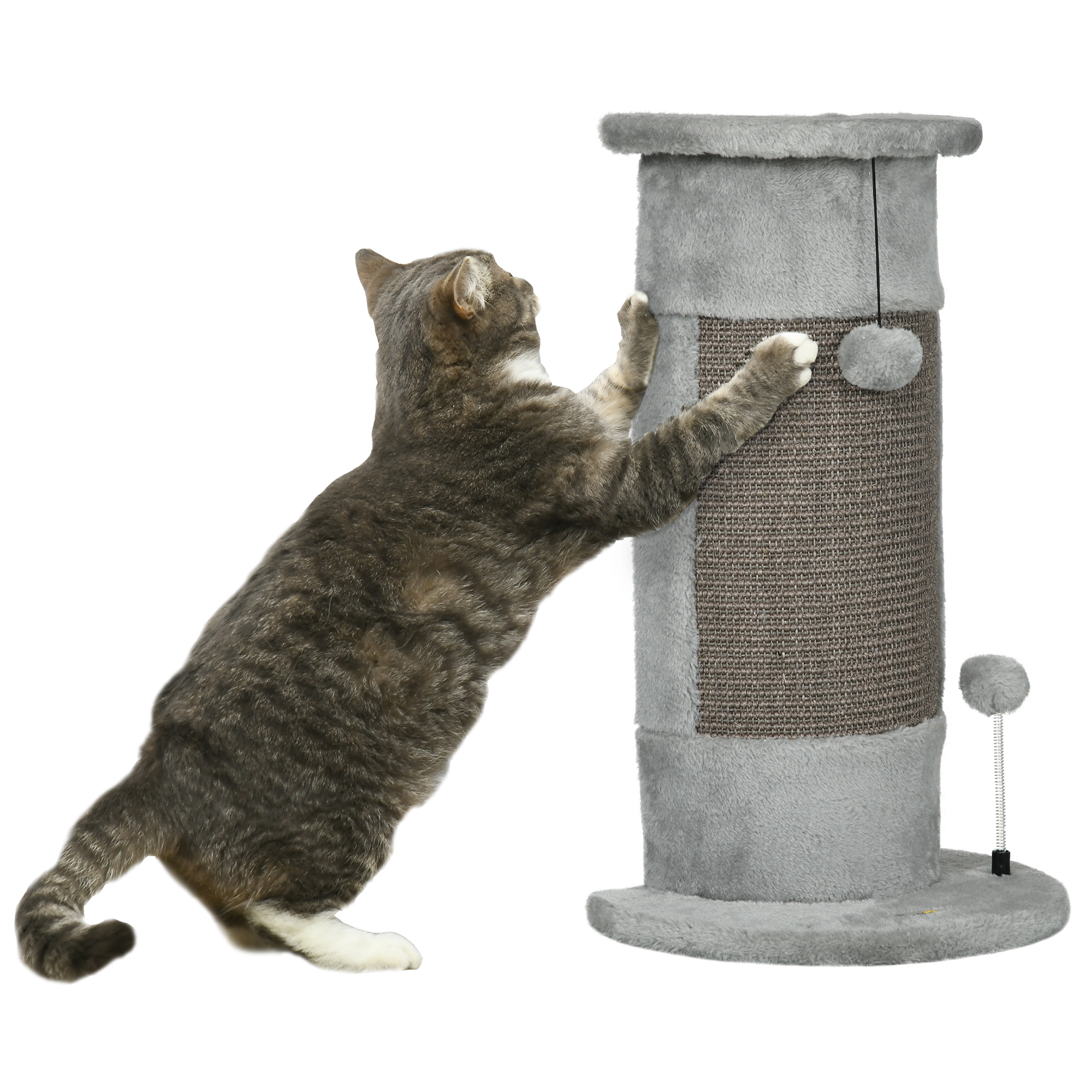 Arranhador para Gatos PawHut de 58cm com Poste de Sisal e Bolas Penduradas, 34x25,5x58cm, Cinza