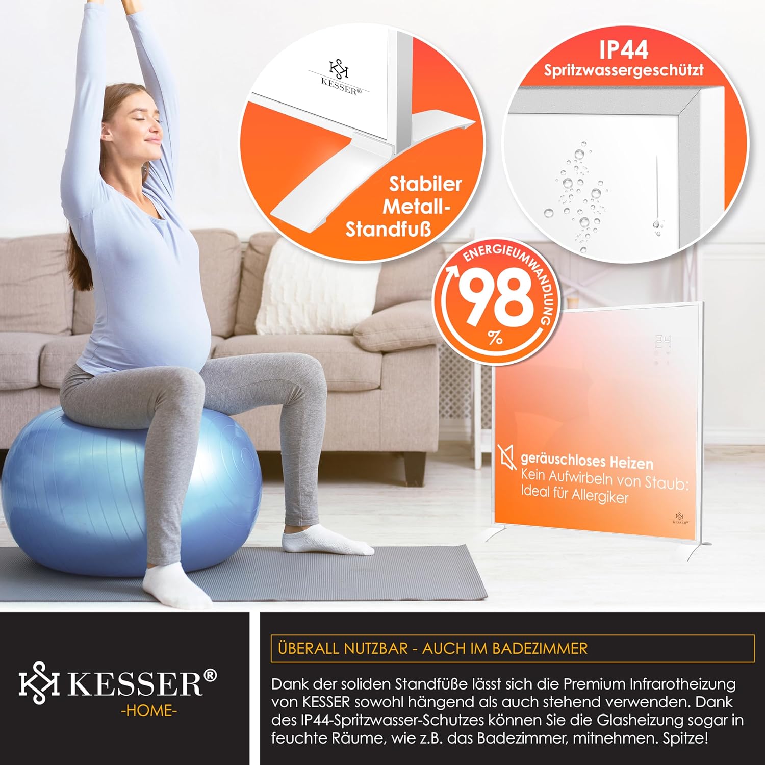 KESSER® Infrarotheizung Energiesparend Infrarot Standgerät & Wandmontage Elektroheizung 350W mit Fernbedienung Thermostat & App-Steuerung Elektrisch Heizpaneel Heizung Konvektor Standfüße