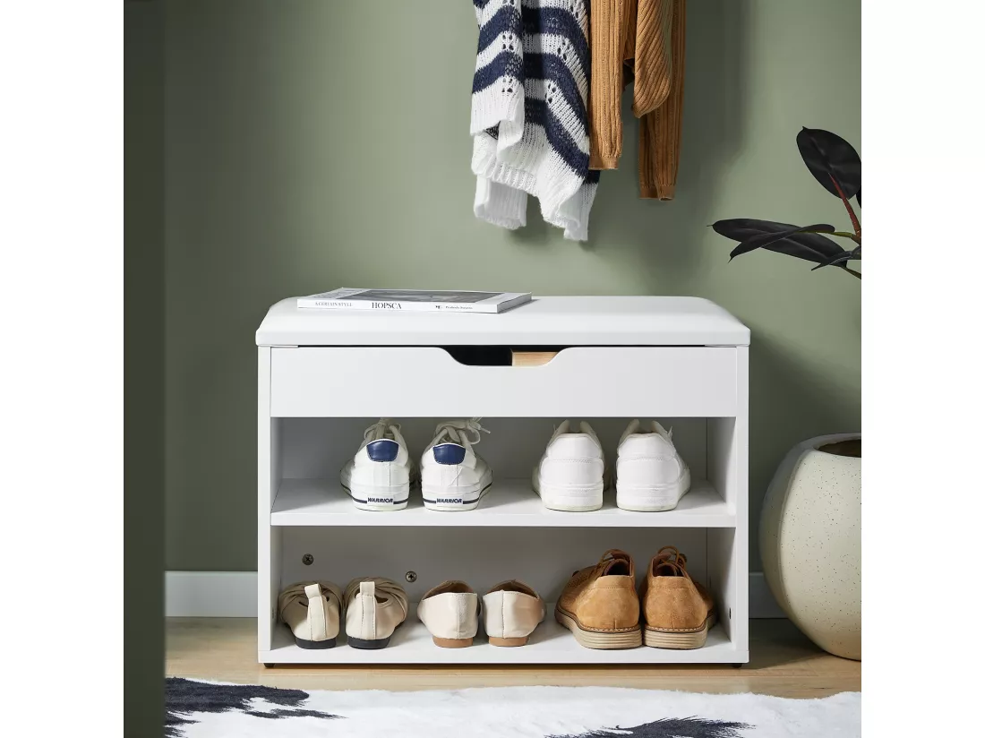 Banc De Rangement À Chaussures 2 Étages Avec Coussin Commode À Chaussures Confortable, Fsr25-w