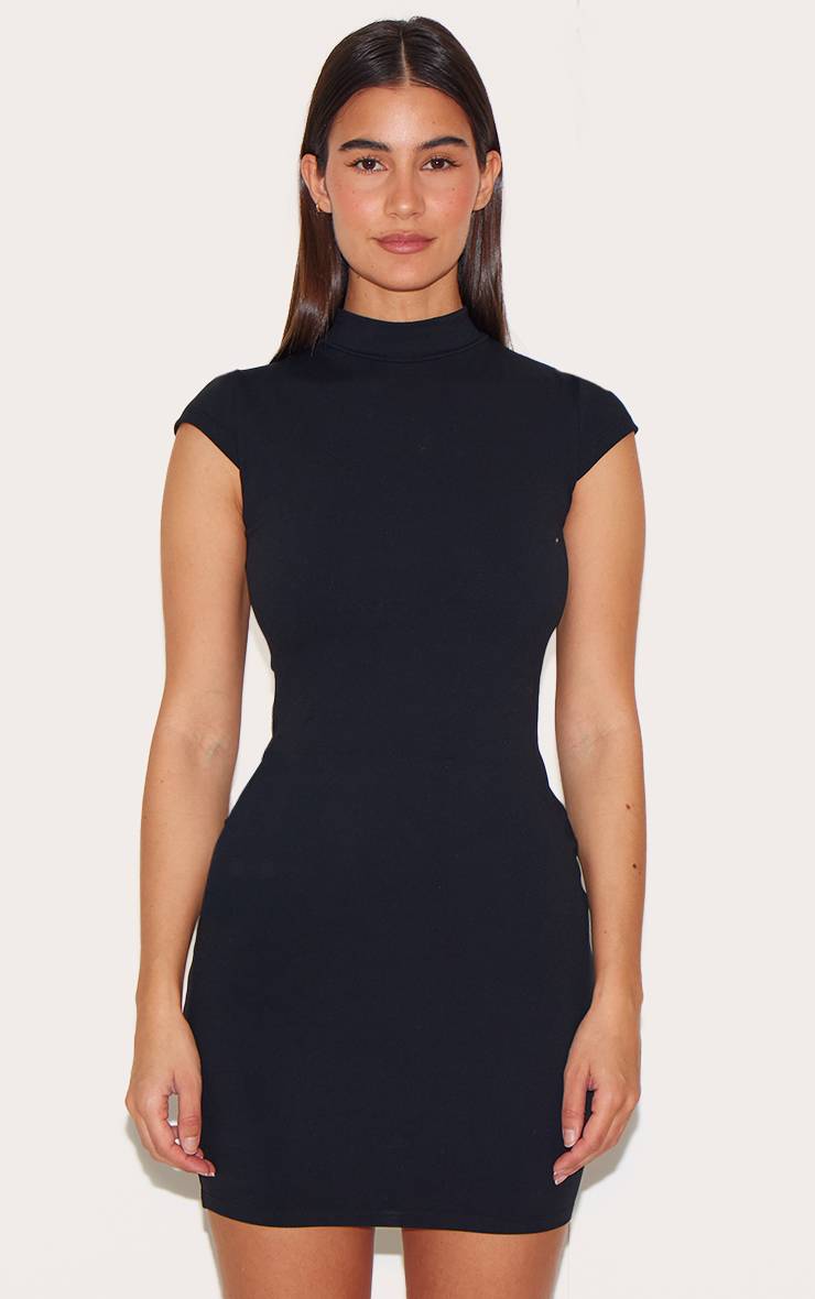 Noir Robe Moulante Sculptante À Manches Courtes Avec Détails Contour
