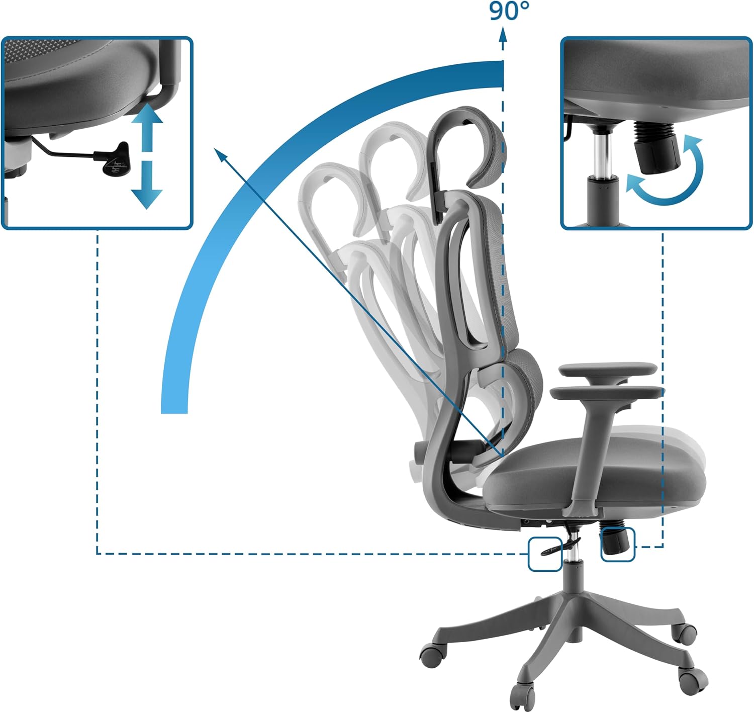 Bürostuhl Ergomy Colore – ergonomischer Schreibtischstuhl, atmungsaktiver Rückenlehne, Verstellbarer Lordosenstütze, 3D Armlehnen & Kopfstütze, Grau