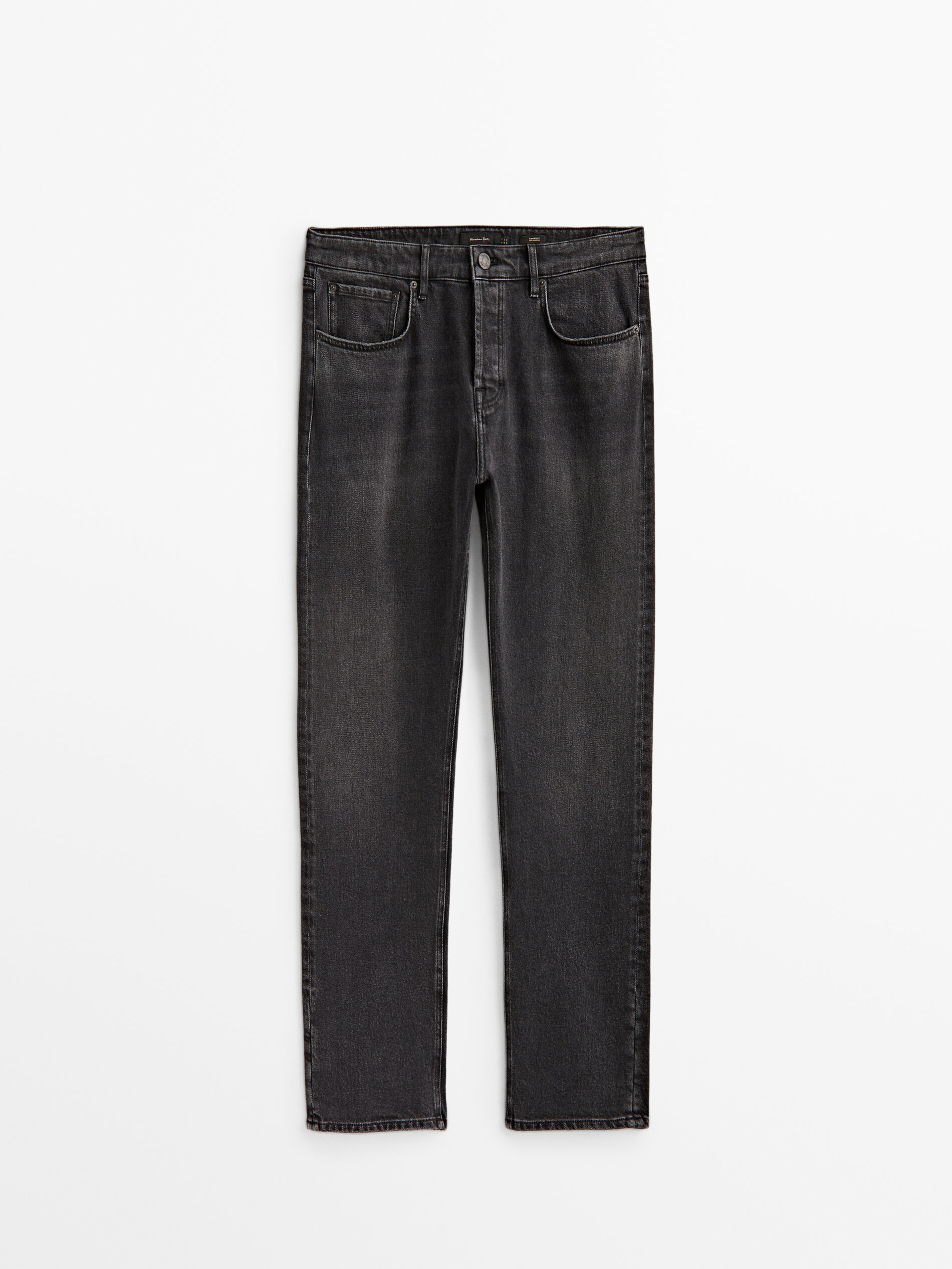 Calça jeans cinza com lavagem stone wash e corte afunilado