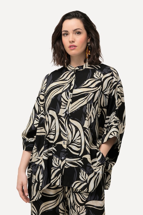 Bluse, Blätter, Oversized, Rundhals, Halbarm