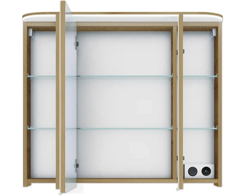Pelipal Sunline 108 badkamermeubelset, BxHxD 92 x 200 x 50,8 cm, frontkleur: Riviera eiken, 3-delige badkamermeubelset met wastafel en badmeubel van wit mineraalmarmer, spiegelkast met LED-verlichting