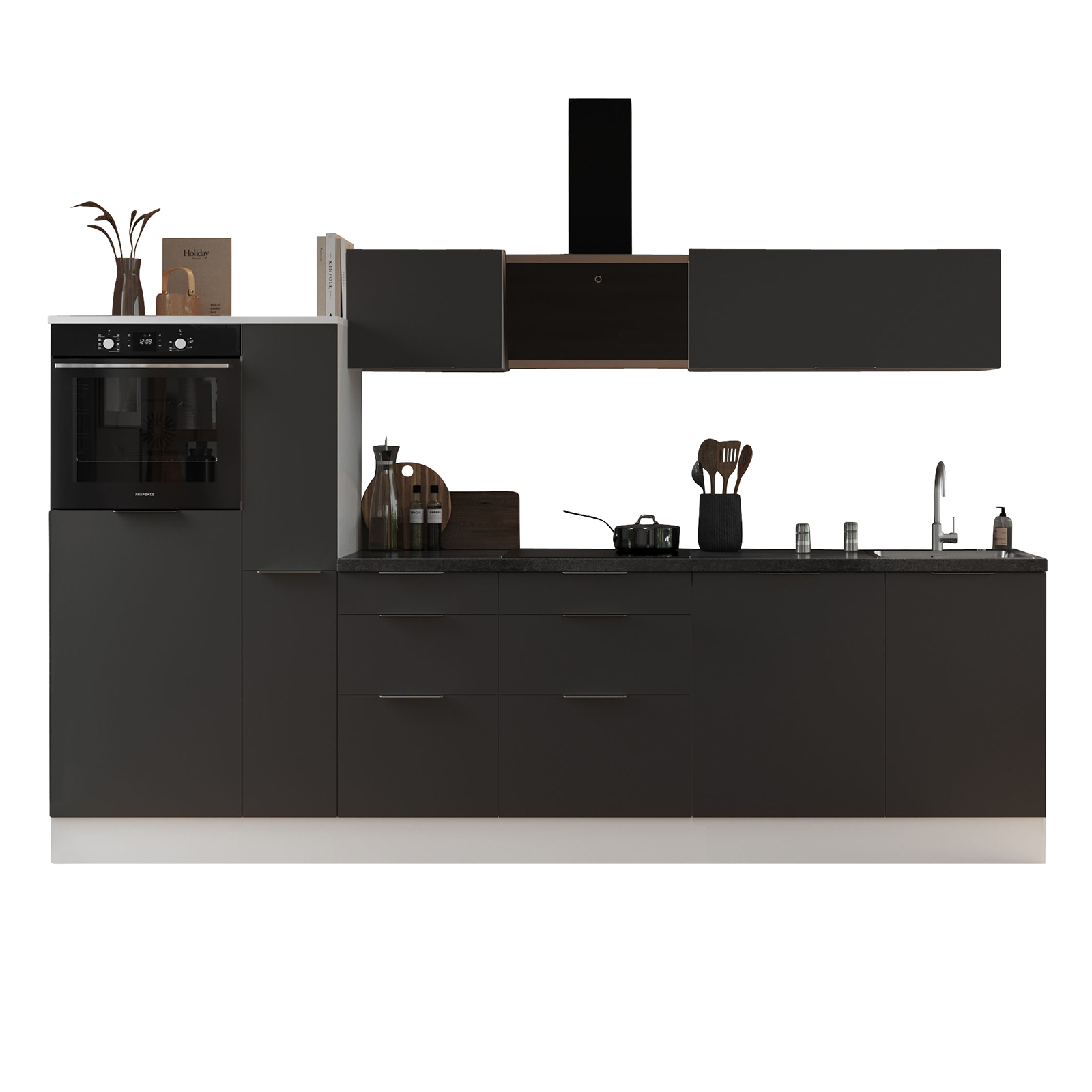 RESPEKTA Küchenblock - grau matt - weiß matt - mit E-Geräten - 310 cm