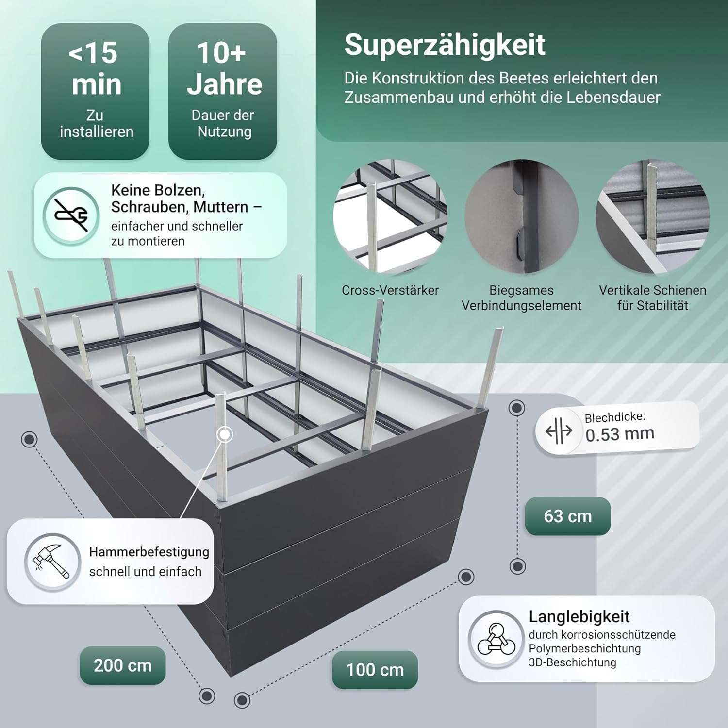 Hochbeet Metall 200x100x63 cm – Großes Hochbeet für Garten aus Stahl, Grau – Verzinkt & Pulverbeschichtet Rostfrei mit Maulwurfnetz – Hochbeete-Kit ideal als Kräuterbeet
