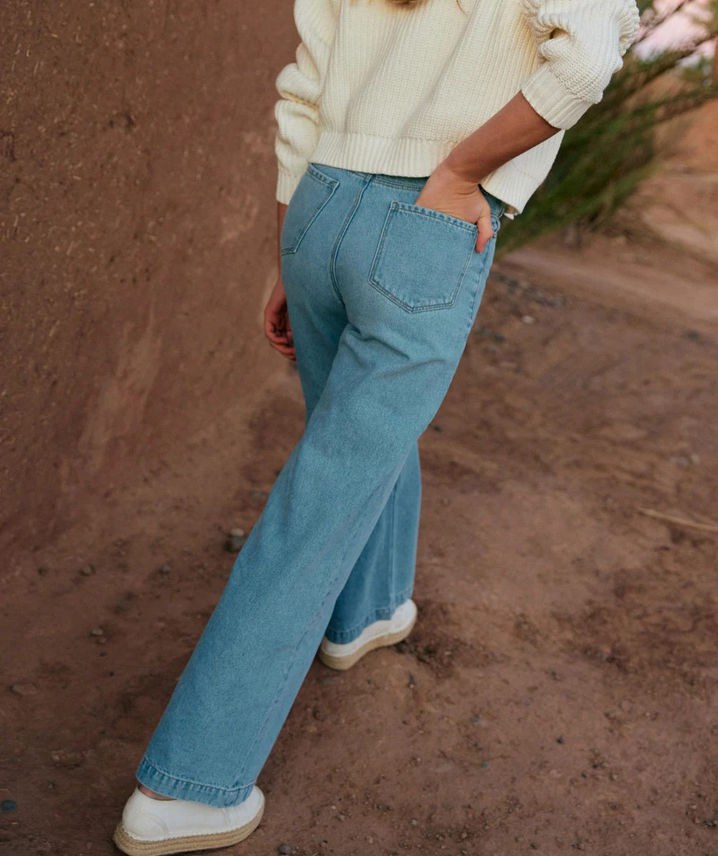 PANTALON WIDE LEG FILLE EN DENIM BLEU LOW IMPACT AVEC TAILLE HAUTE