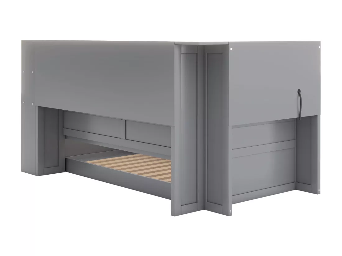 Lit gigogne 90 x 190/200 cm avec tête de lit - Placards de rangement et Prises USB - Panneaux de particules+MDF - Gris (sans matelas)