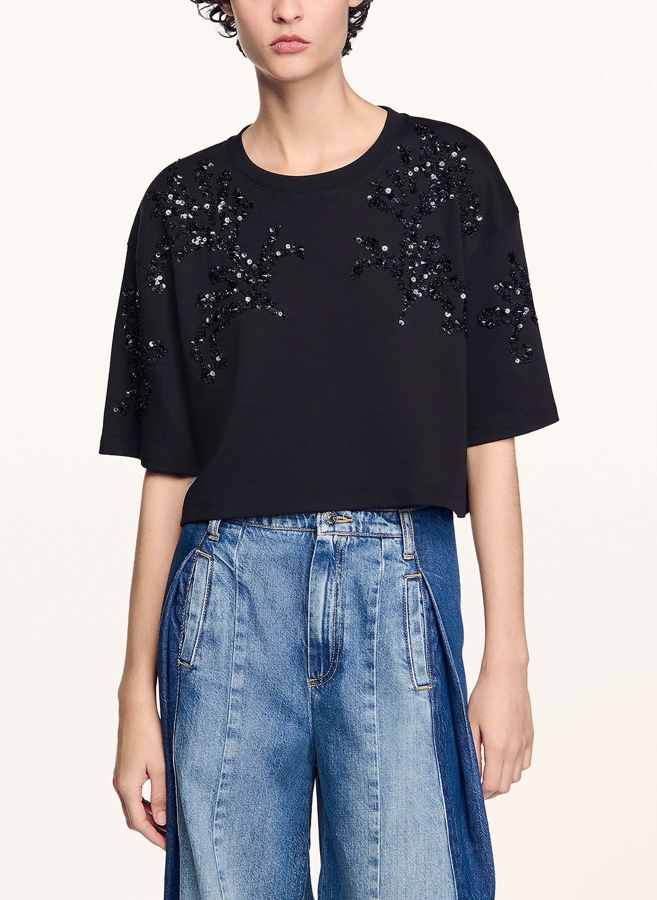 SANDRO Cropped-Shirt mit Pailletten