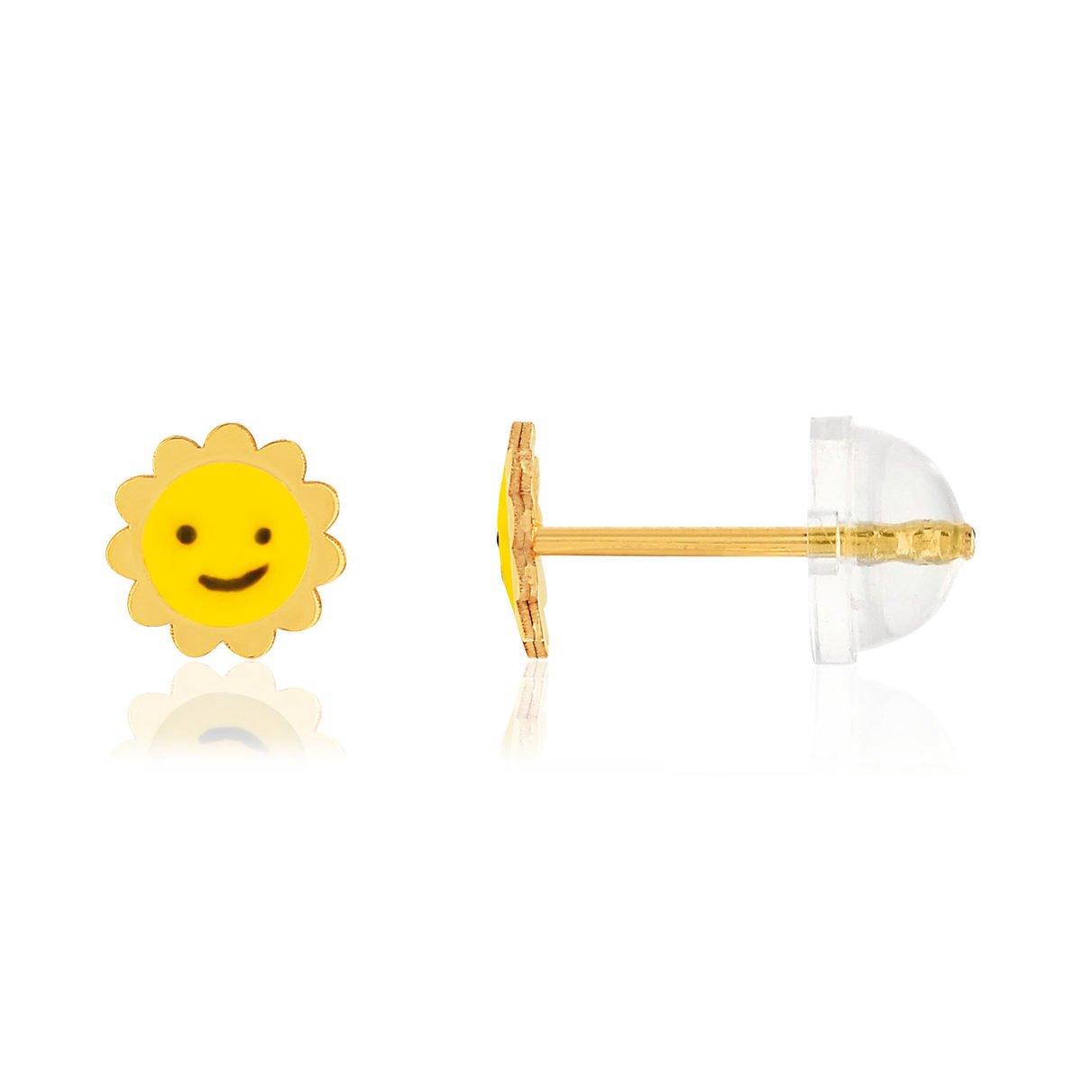 Boucles d'oreilles or jaune 375, laque. Motif soleil.