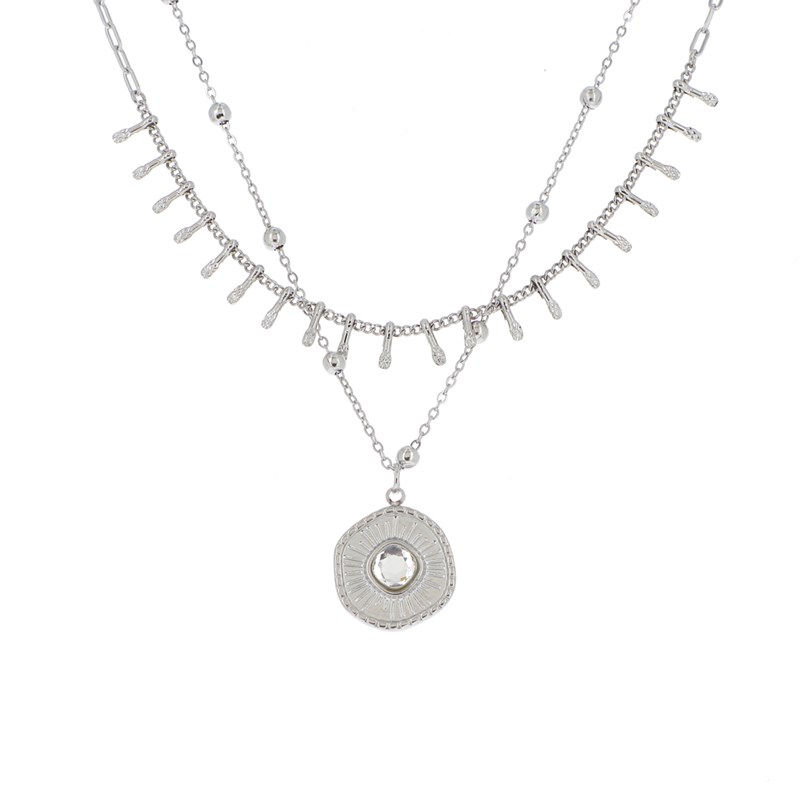 Collier en acier argenté double rangs médaillon ornée d'une pierre Crystal Swarovski avec chaînette réglable