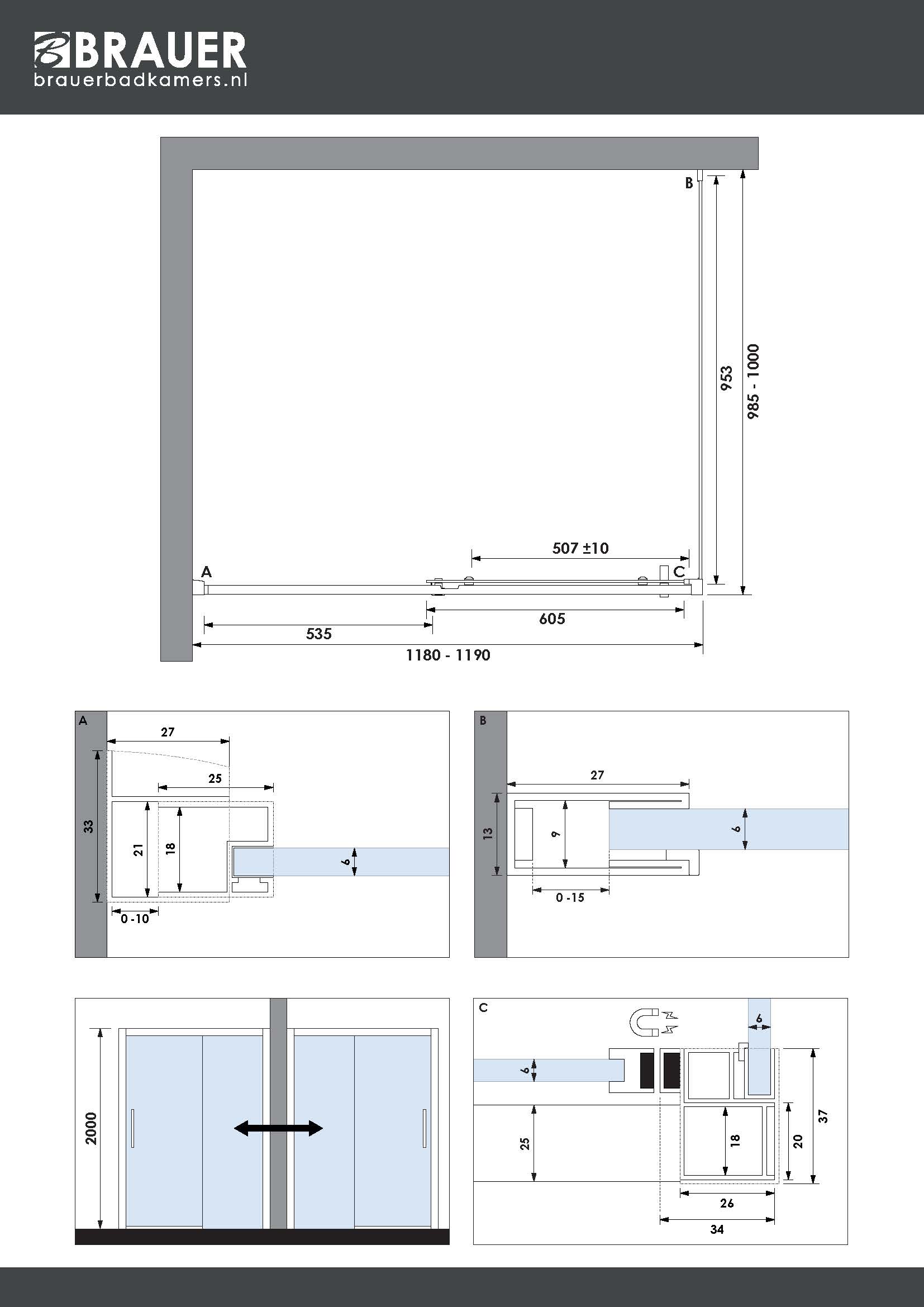 Brauer Season douchecabine met schuifdeur 120x100cm RVS