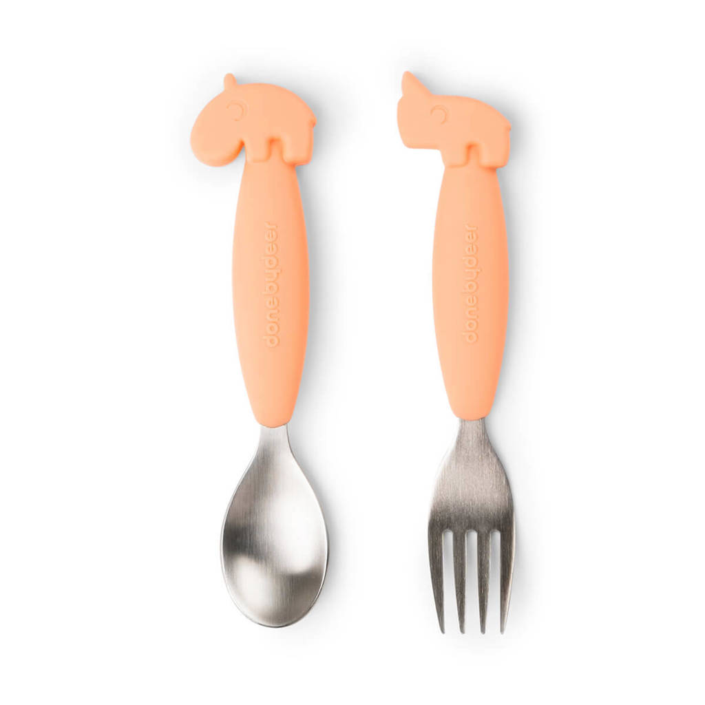 Easy-grip spoon and fork set Deer friends Coral