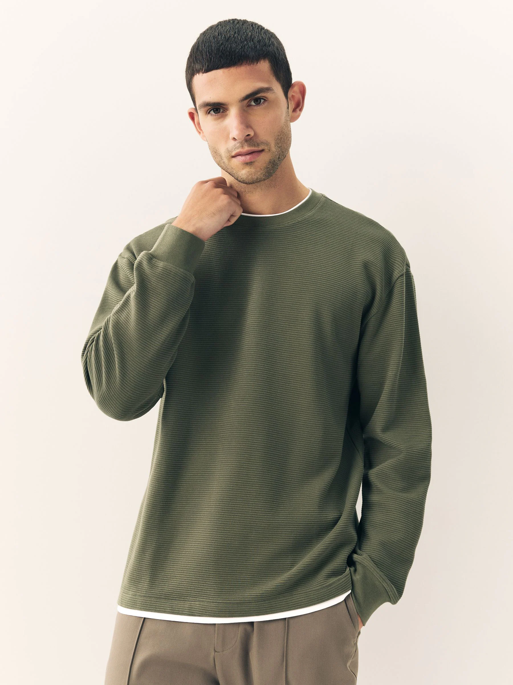 Marineblauw/kakigroen - Long Sleeve Mock Crew Neck 100% Cotton T-Shirts 2 Pack
