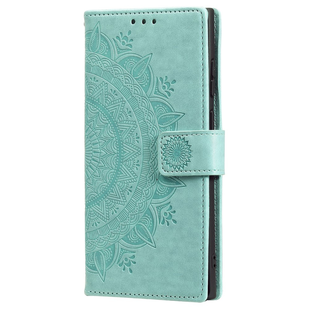 Samsung Galaxy S24 Ultra Leder Tasche Wallet - Mandala Flowers Imprint - Türkis