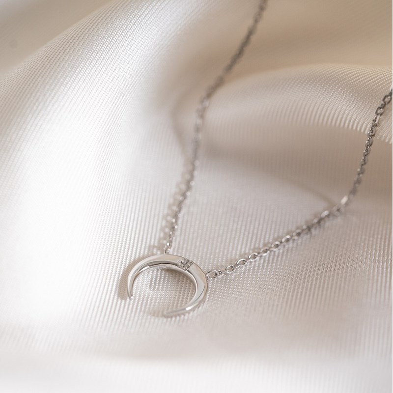 Collier Fin Argent Pendentif Lune Pierre Precieuse Zirconium