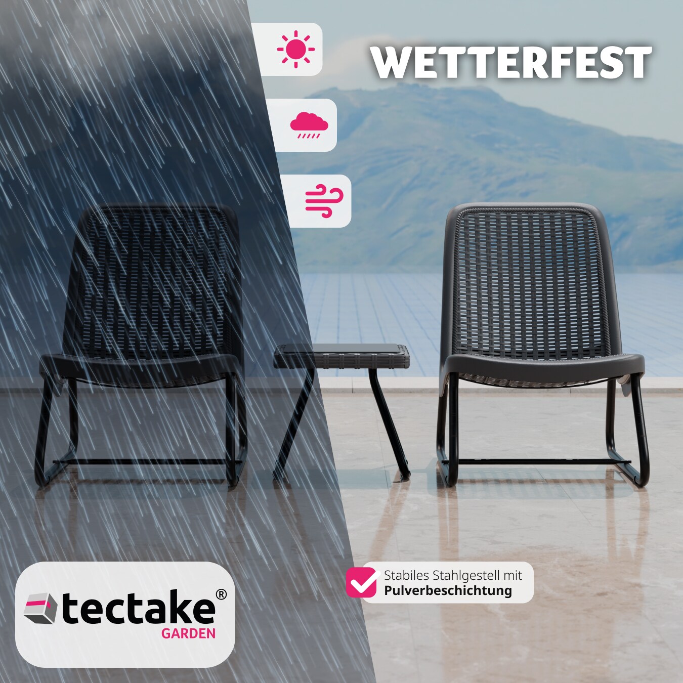 tectake® Sitzgruppe, für 2 Personen in Rattanoptik, UV-beständig, Belastbarkeit Stuhl 120 kg, Schraubfüße