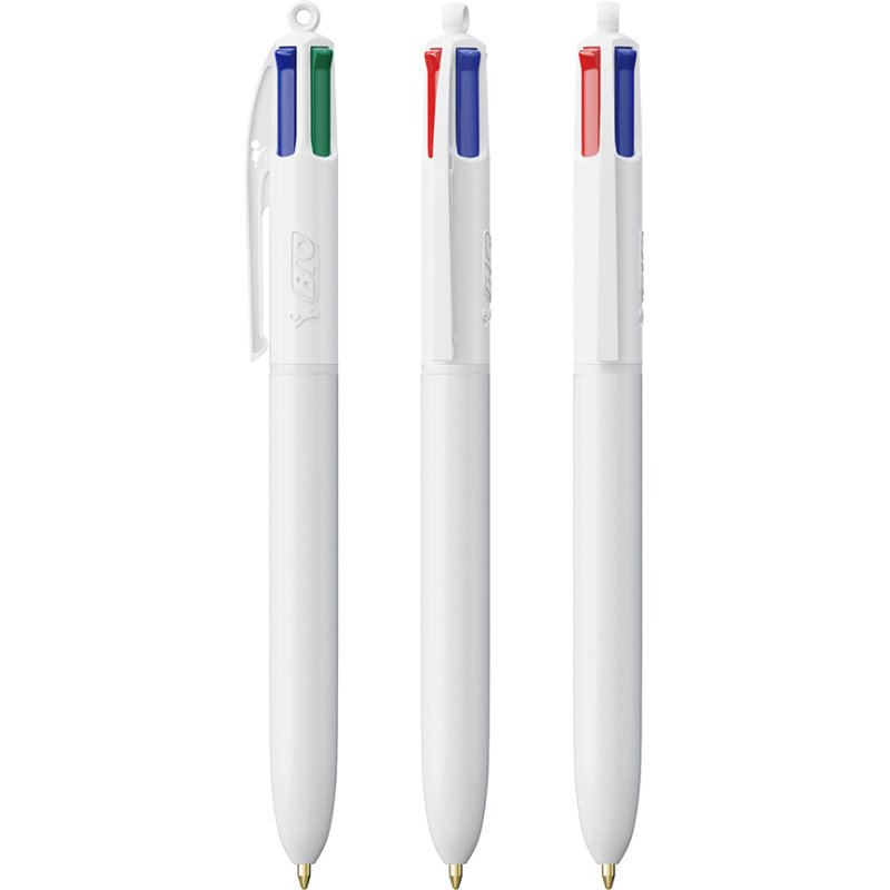 Stylo bille Bic 4 couleurs Original rétractable publicitaire blanc pointe 1 mm - écriture moyenne - marquage multicolore