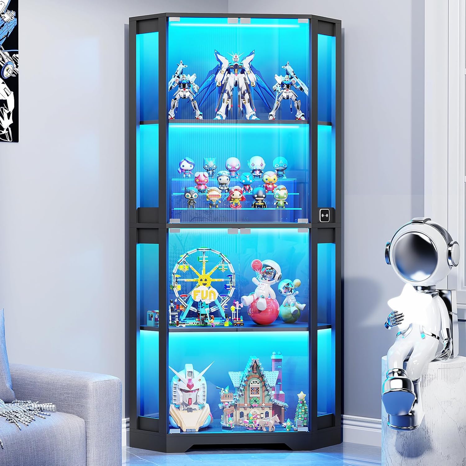 Eckvitrine mit Glastüren, Tall 165cm Eck Bücherregal mit 3 Farben Led Beleuchtung, 4-Ebenen Vitrinenschrank mit Intelligente Sensorik für Wohnzimmer Schlafzimmer Büro, Schwarz