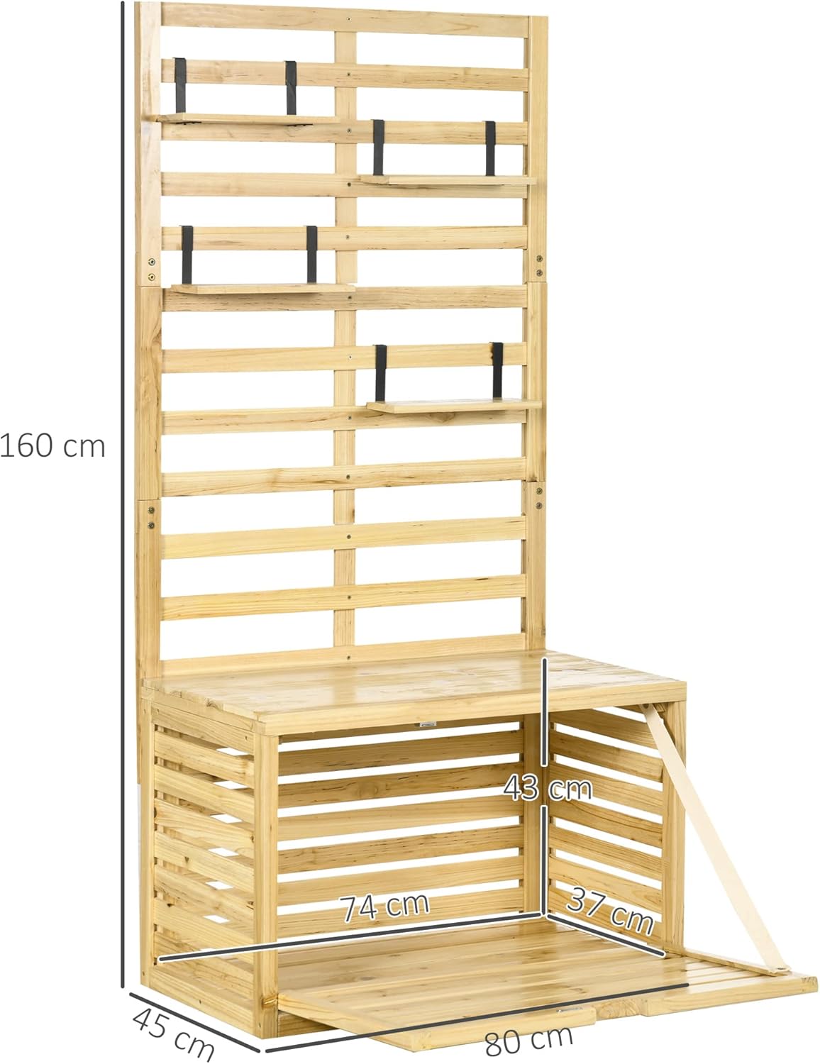 Outsunny Aufbewahrungsbox, Aufbewahrungstruhe mit Rankhilfe, Auflagenbox mit Ablagen, Gartentruhe, Kissenbox, Massivholz, Natur, 80 x 45 x 160 cm