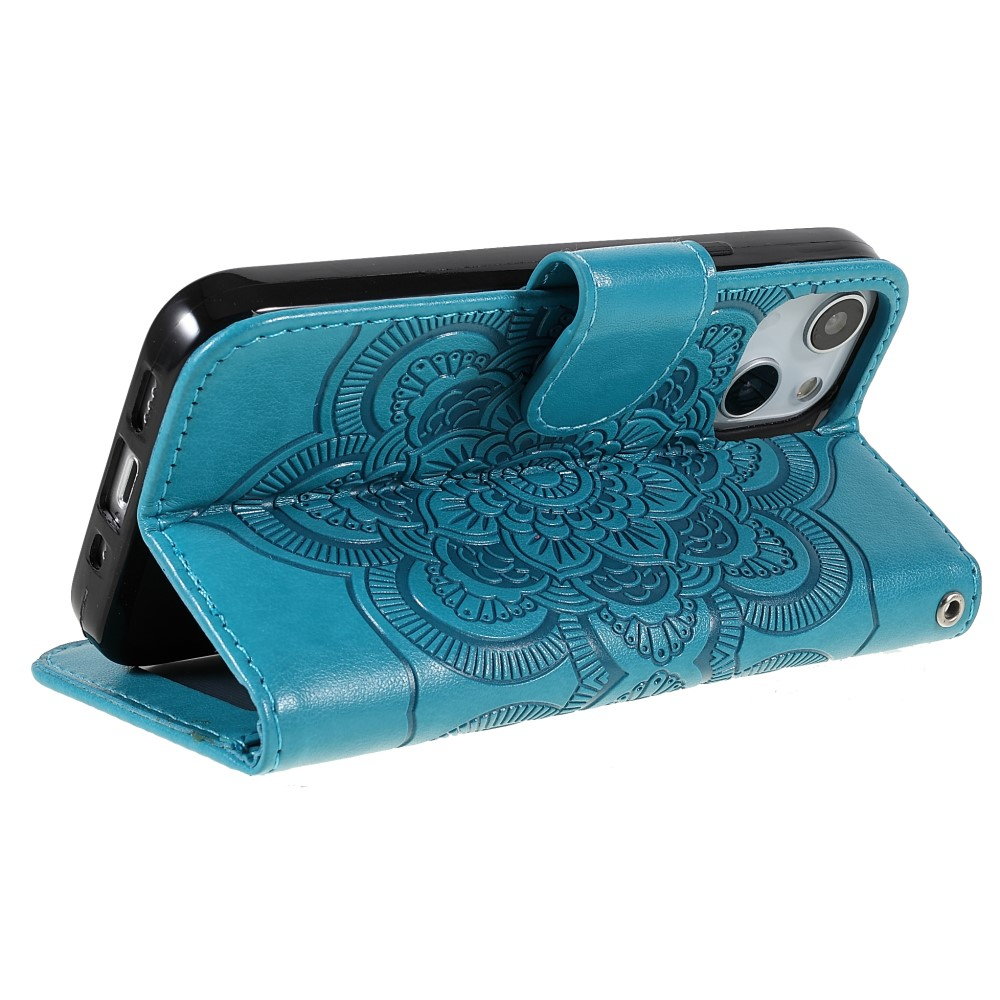 iPhone 13 Leder Tasche Wallet - Mandala Flowers Imprint - Blau