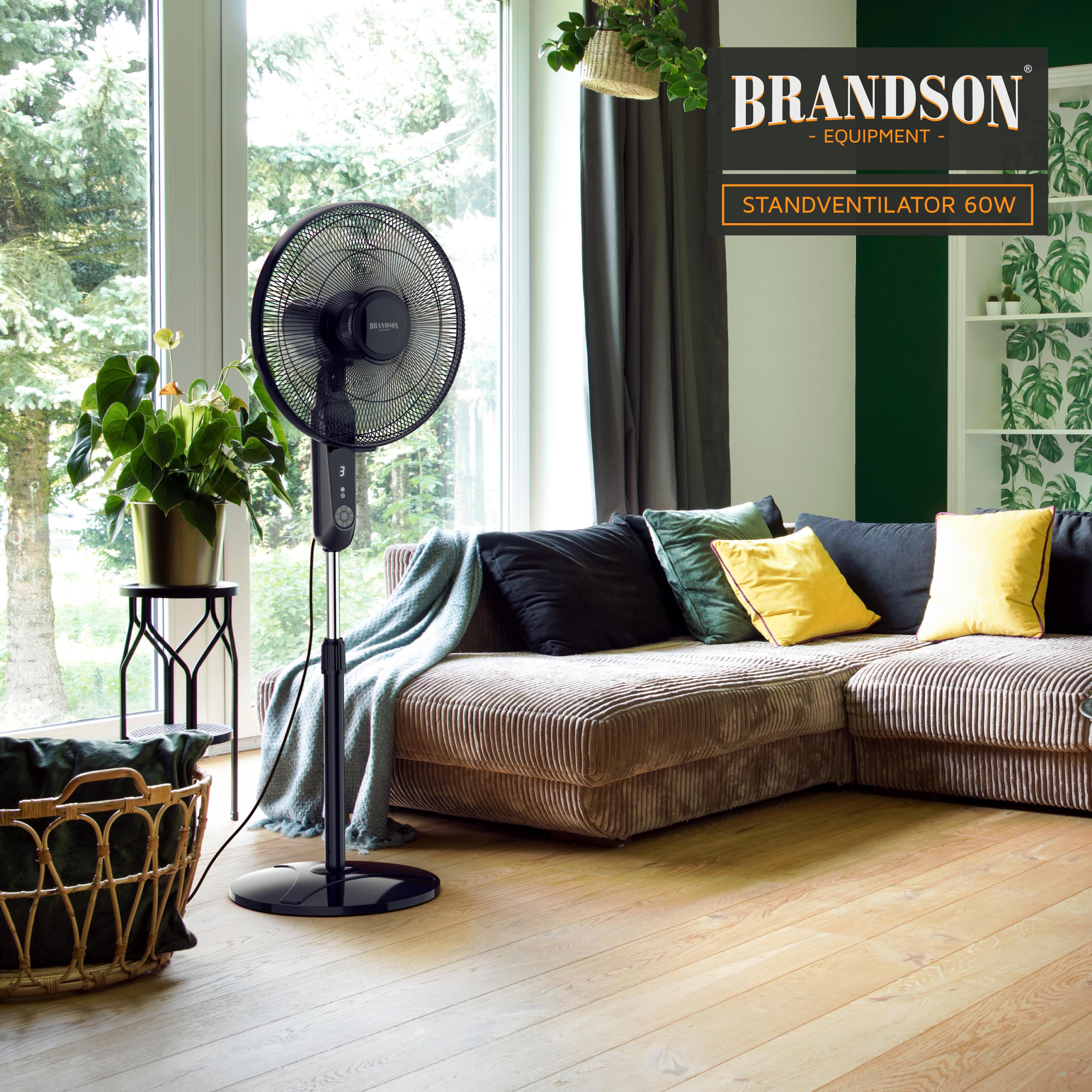 Brandson Standventilator 60W mit Timer, Luftkühler 80 Grad osziellierend, Ventilator höhenverstellbar, Kopf um 35 Grad neigbar, 3 Geschwindigkeiten