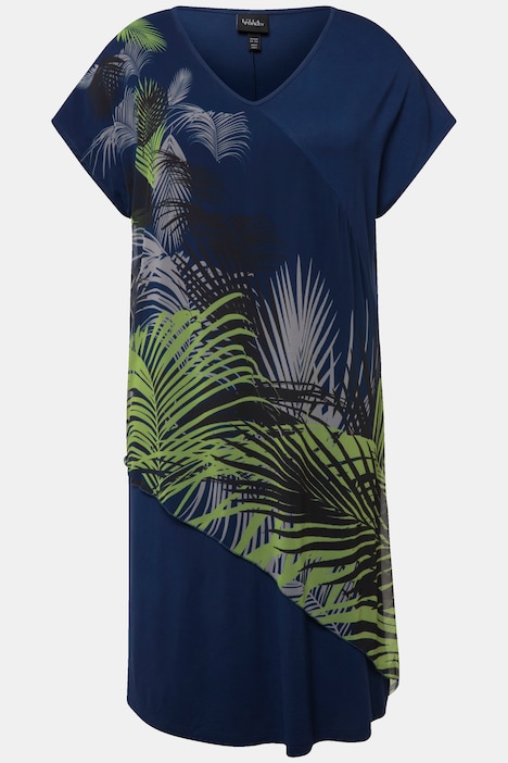 Jerseykleid, Palmenblätter, V-Ausschnitt, Halbarm