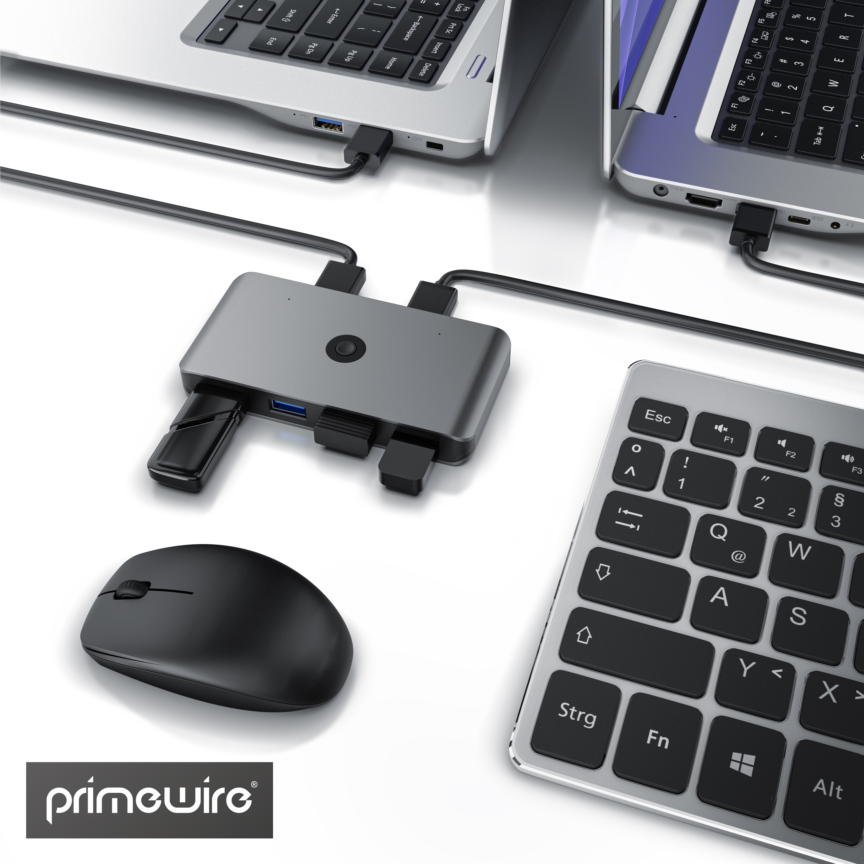 Primewire USB 3.2 Gen1 KVM Switch Umschalter - 4 Port Eingang - 2 Port Ausgang für 2 PCs - 5 Gbit/s - inkl. 2x USB Kabel - für Drucker Scanner
